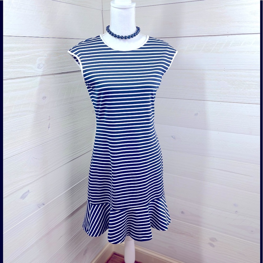 Draper James Navy & White Striped Flounce Bottom Dress S FREE SHIP - Picture 1 of 5